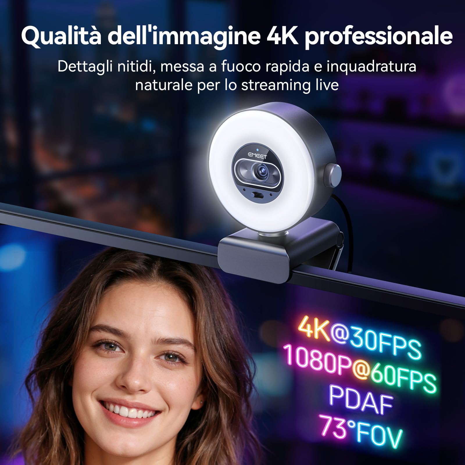 EMEET Webcam S600L 4K per Streaming con Luce ad Anello, 4 Modalità di Illuminazione, Effetto Arcobaleno, Sensore da 1/2", Imaging AI, PDAF 0,2S, 2 Microfoni, Webcam 4K con Luce per OBS/Twitch/PC/Mac