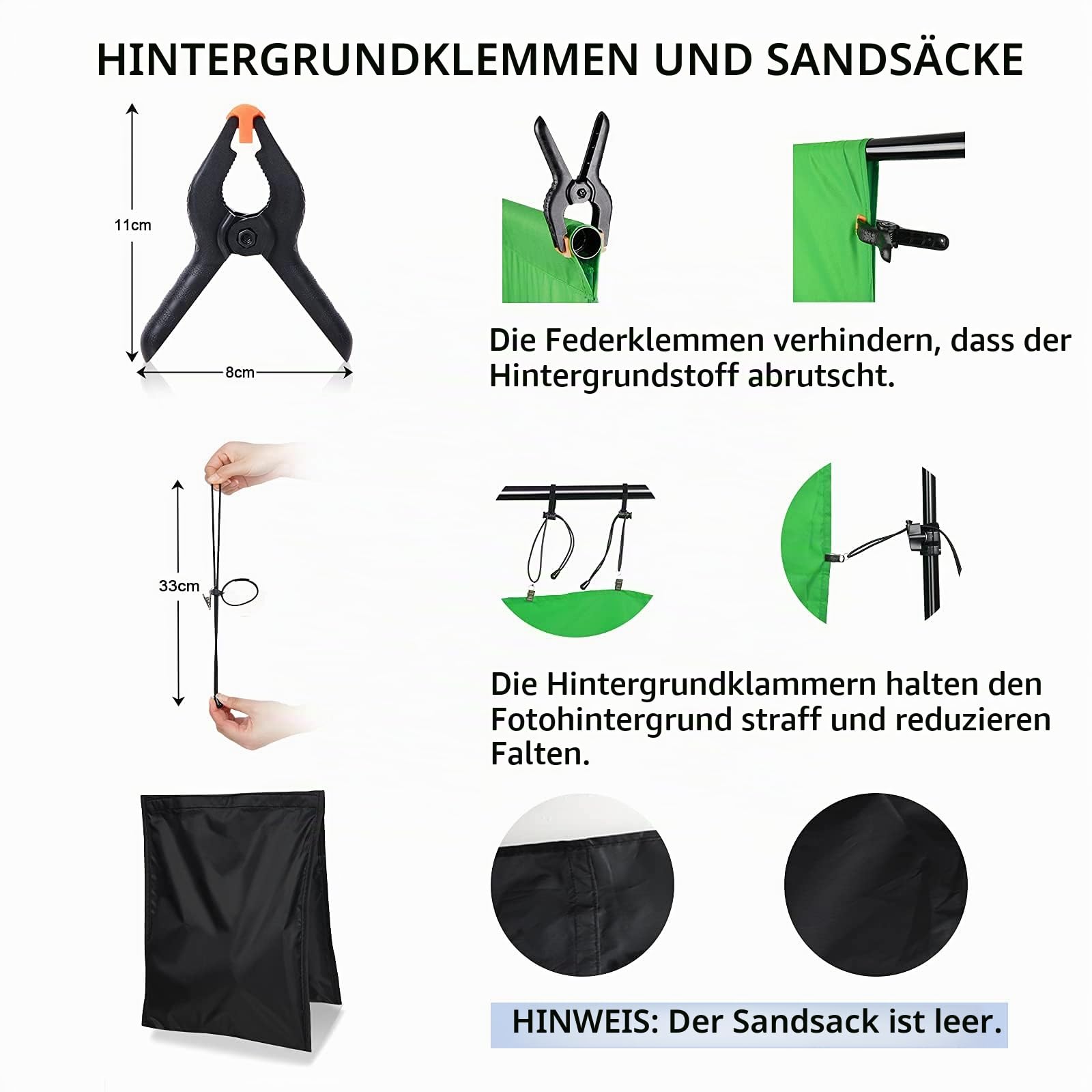 2.6 x 3 M Foto Hintergrund Ständer mit 3 Hintergrundtüchern | Verstellbarer Hintergrundsystem mit 4 Klammer, 2 Sandsack & Tragetasche für Innenfotografie und Videoaufnahme