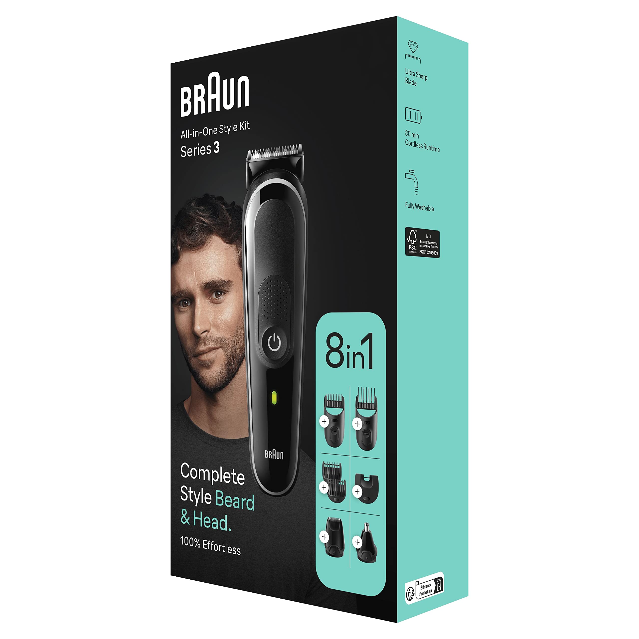 Braun Tondeuse Tout-En-Un Series 3 MGK3440, 8-En-1, Kit Pour Barbe, Cheveux & Et Autres Zones