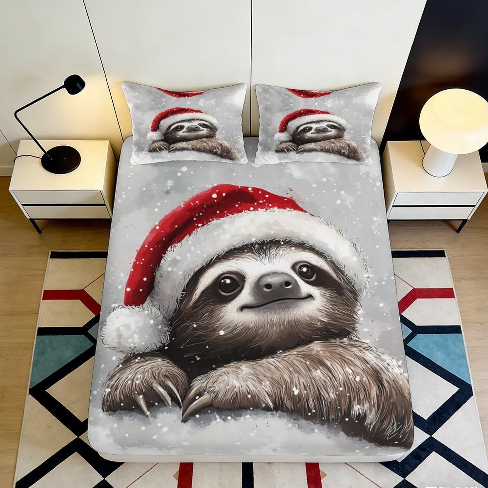 3D Printed Christmas Sloth Fitted Sheet Microfiber Soft Decorative Santa Hat Bed Cover for Bedroom Guest Room Dorm 90x200x25cm