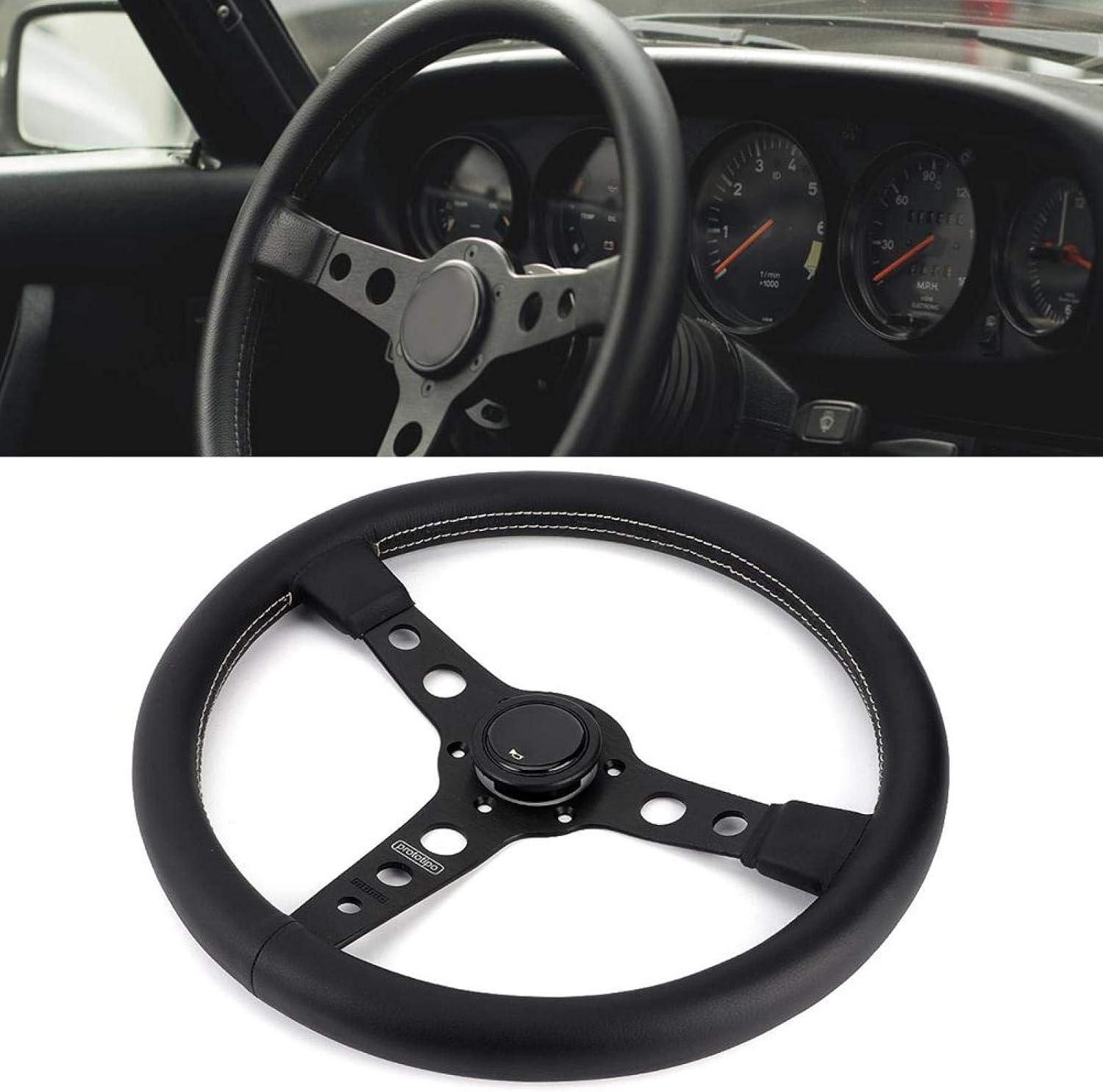 Onе-Dау Sаlе: Uр tо 50% оƒƒ Racing Steering Wheel,Akozon 350mm/14in Car Steering Wheel Prototipo Style 6-Bolt Black Leather Racing Steering Wheel Gray Stitching with Horn Button 14 flat bottom racing steering