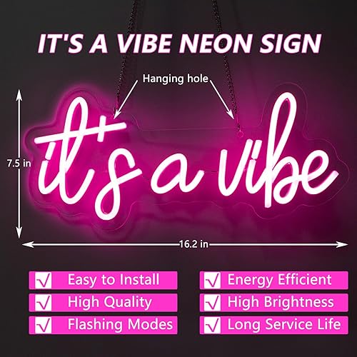 Miniatura 4 de Moodlion Letrero de neón con texto en inglés "It's a Vibe", letreros de neón para decoración de pared, letreros LED rosas regulables para