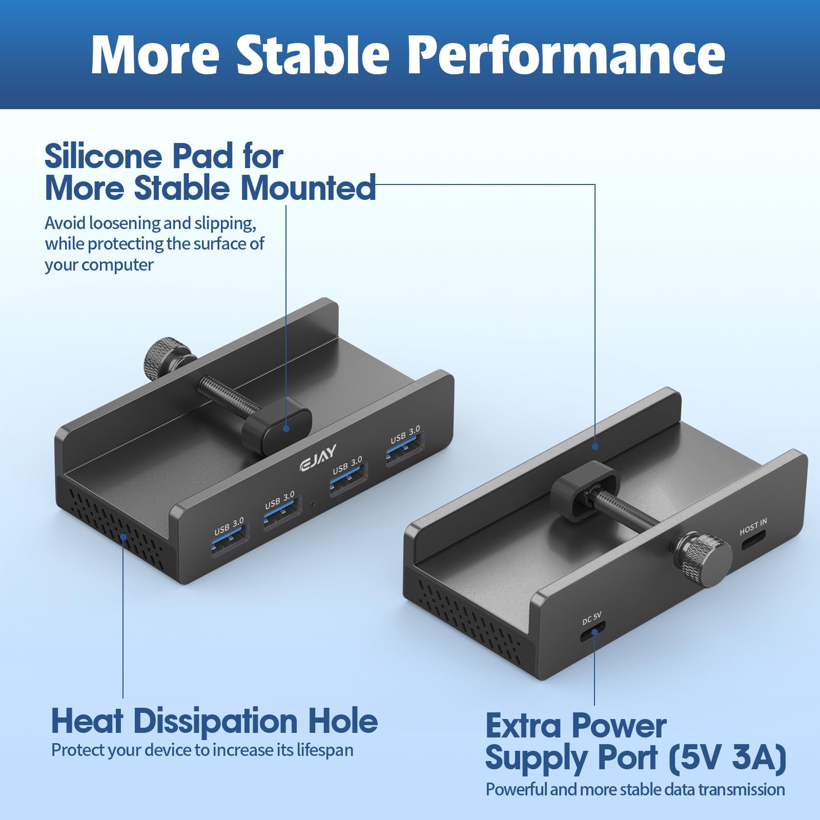 EJAY 4 puertos USB 3.0 HUB abrazadera de aluminio divisor USB 3.0 para escritorio/monitores con puerto de fuente de alimentación adicional, datos de 59 pulgadas y cables de alimentación de 39