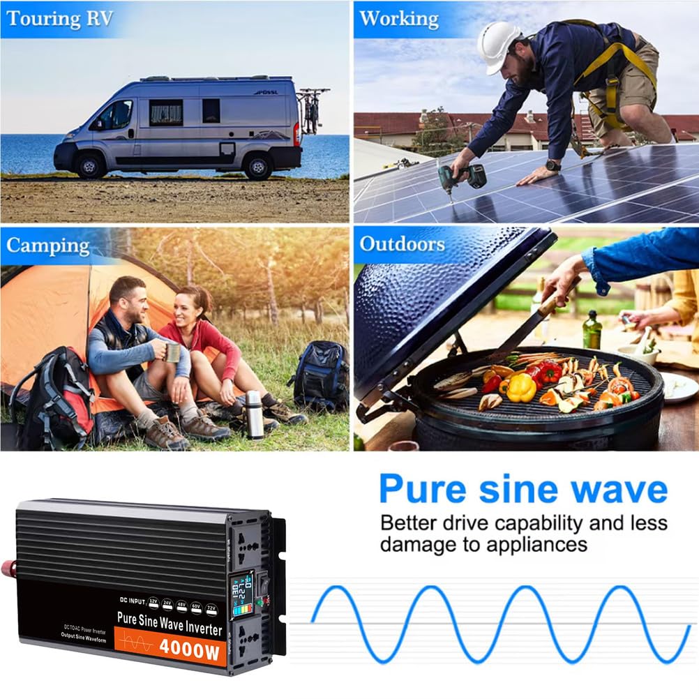 Falownik sinusoidalny 4000 W, falownik samochodowy, 12 V, 24 V, 48 V, 60 V DC do 220 V AC, do użytku domowego, kampera, ciężarówki, na kempingu, w przypadku 48 V do 220 V,12v to 220v 60hz