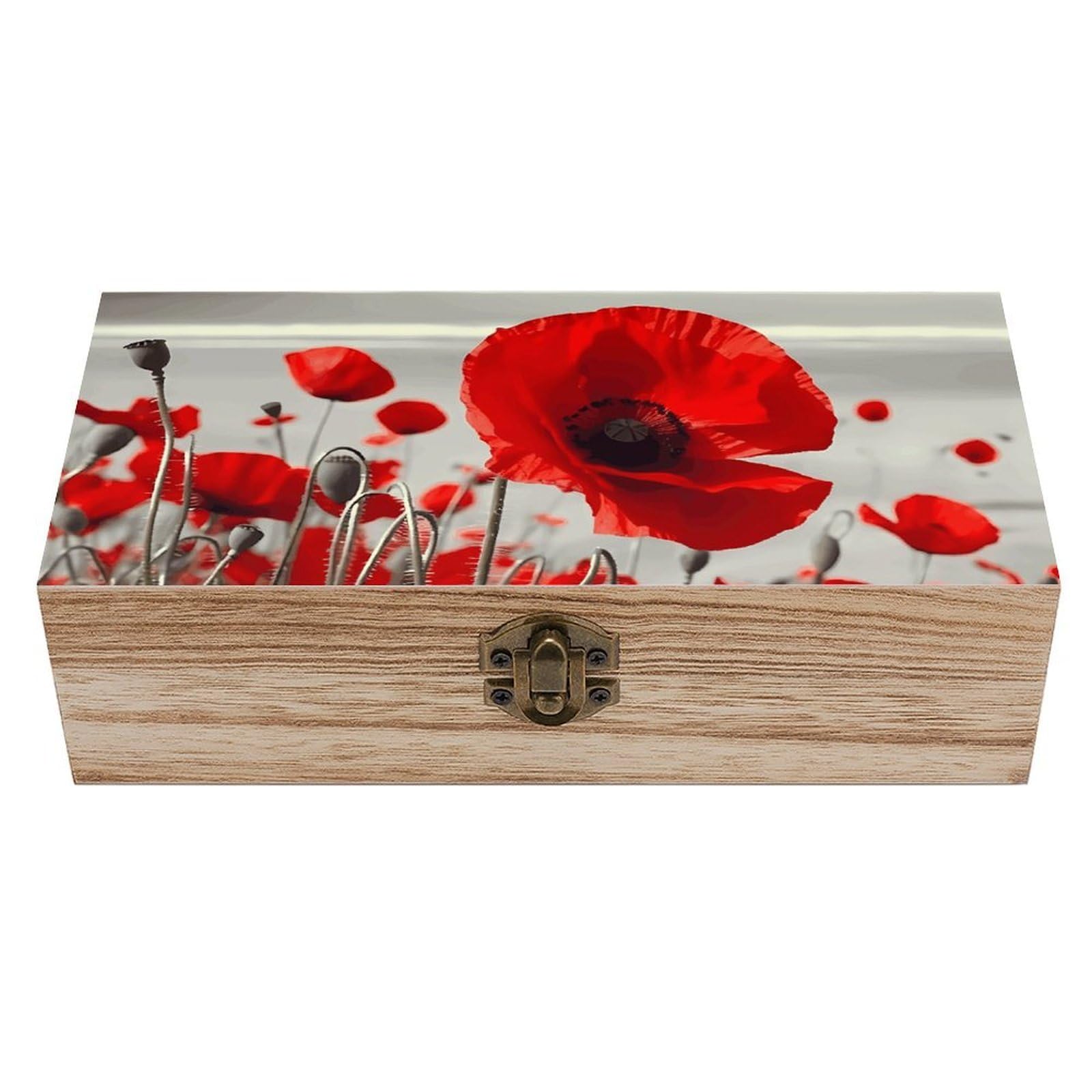 LZQPOEAS Red Poppy Flower Wooden Storage Box Small Decorative Box with Hinged Lid Handmade Elegant Keepsake Storage Box for Jewelry, Photos, Trinkets, Letter Gifts, Small Heirlooms