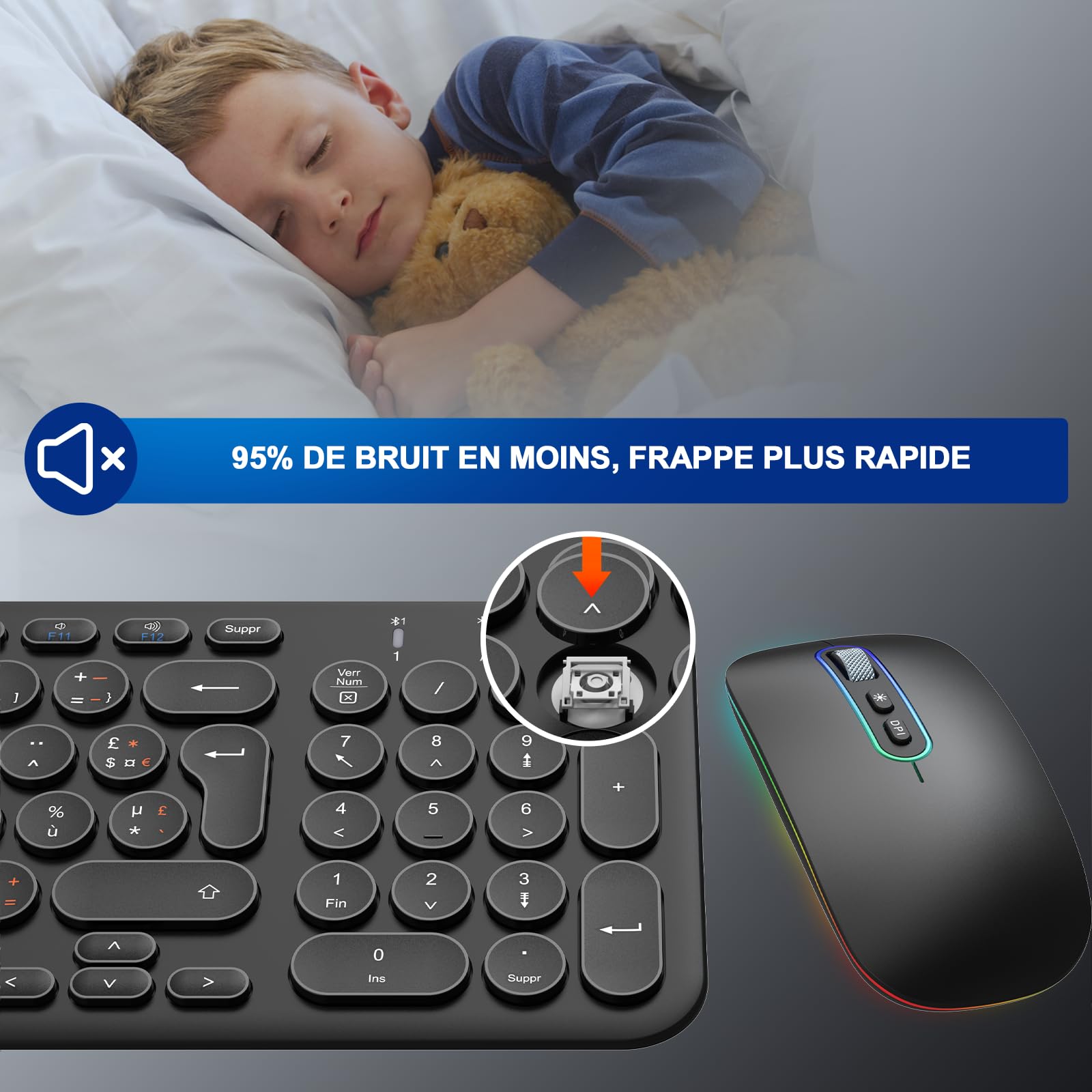Cimetech Ensemble Clavier Souris sans Fil Rechargeable Multidispositifs (2,4 GHz+BT1+BT2), Combo Clavier Français et Souris avec Pavé Numérique pour Wins/Linux/MacOS - Noir