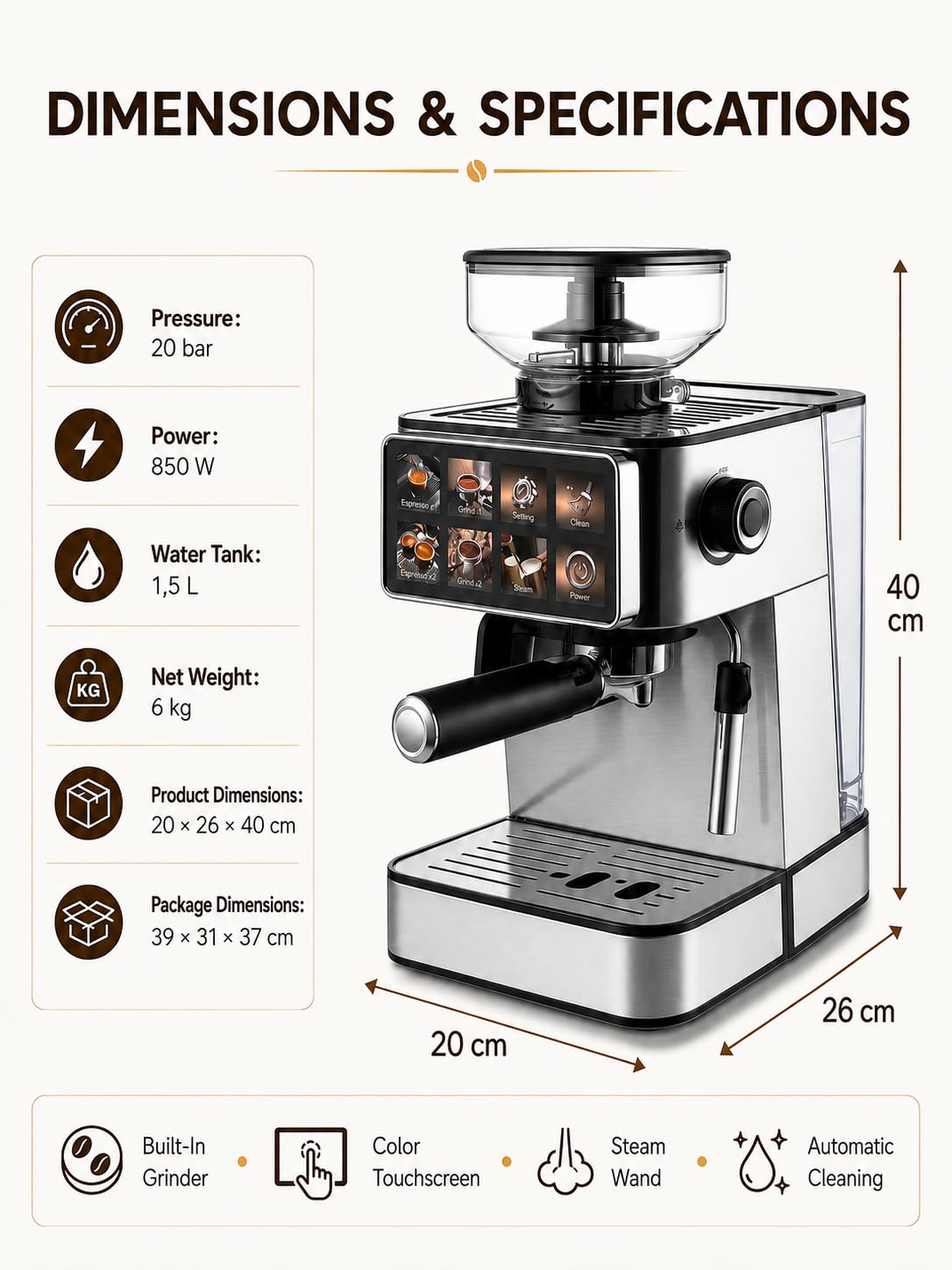 Cafetera semiautomática con Molinillo y vaporizador | El café recién molido cae directamente en el portafiltro para preparar espresso, Americano y bebidas con leche en casa
