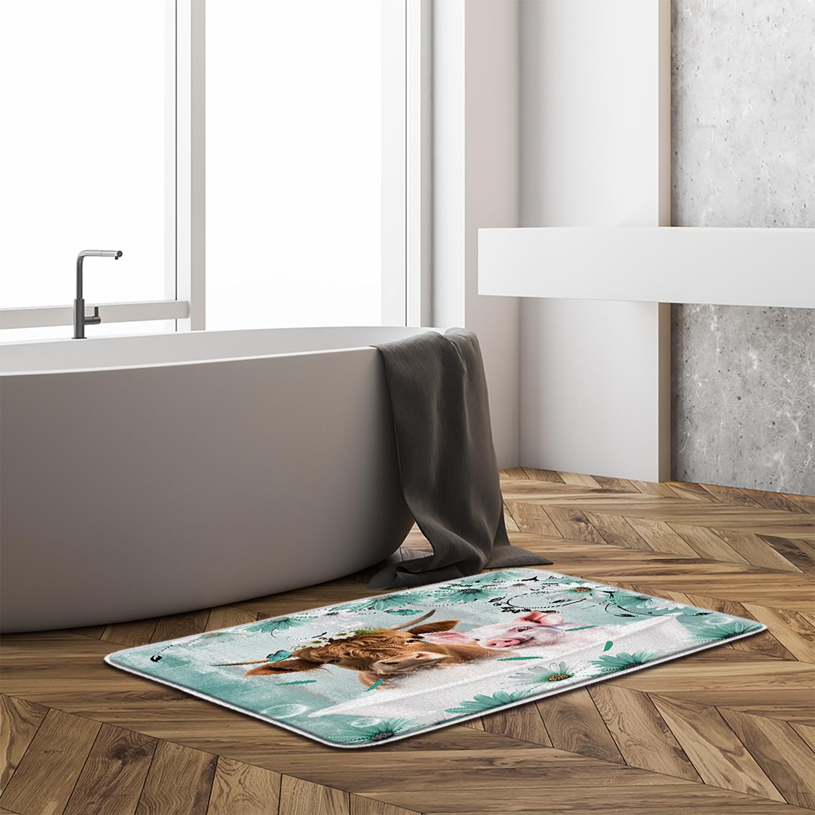 Sunhe Farmhouse Pig Highland Cow Bath Mat Western Farm Animal Longhorn Bull Rustic Daisy Floral 16