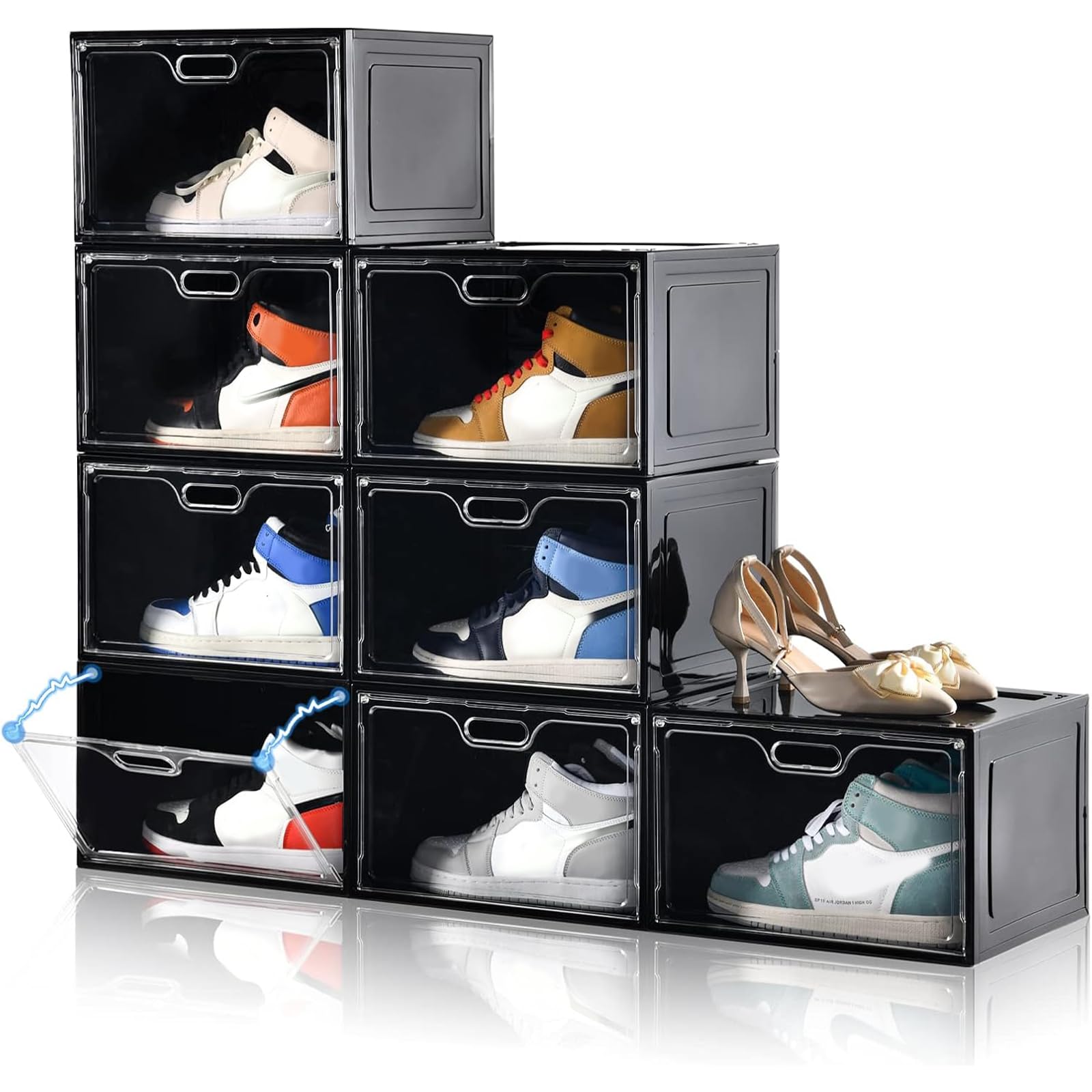Amllas 8 Pack Shoe Boxes Black Plastic Stackable, Large Shoe