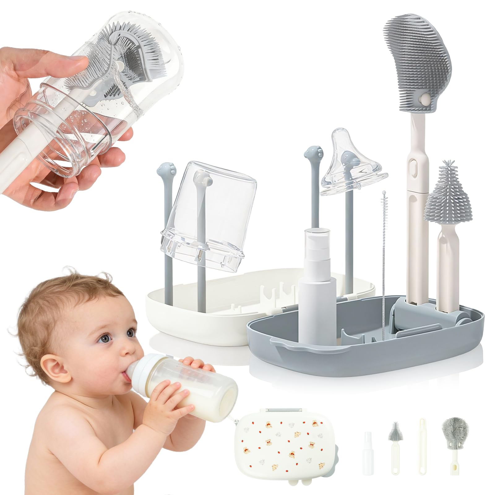 Spazzola per Biberon 6 in 1, Set Spazzole Biberon da Viaggio, Silicone Pulisci Biberon Spazzola, con ciuccio, spazzola per cannuccia, rastrelliera per drenaggio, scatola