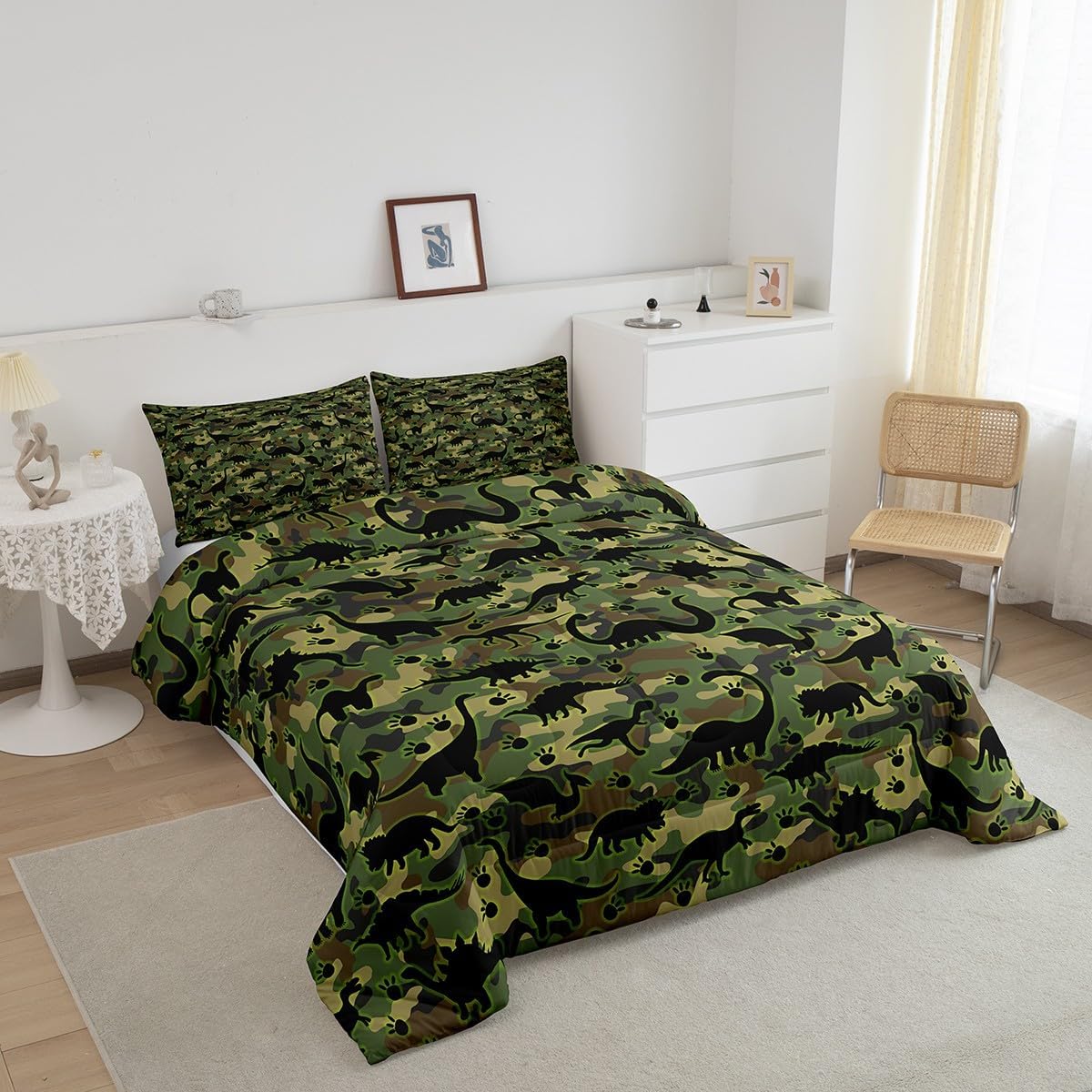 jejeloiu Dinosaur Kids Comforter Set Twin Size Camouflage Bedding Set for Boys Girls Teens Decor Jungle Dino Comforter Military Style Duvet Set Bedroom Quilt Set Bedclothes
