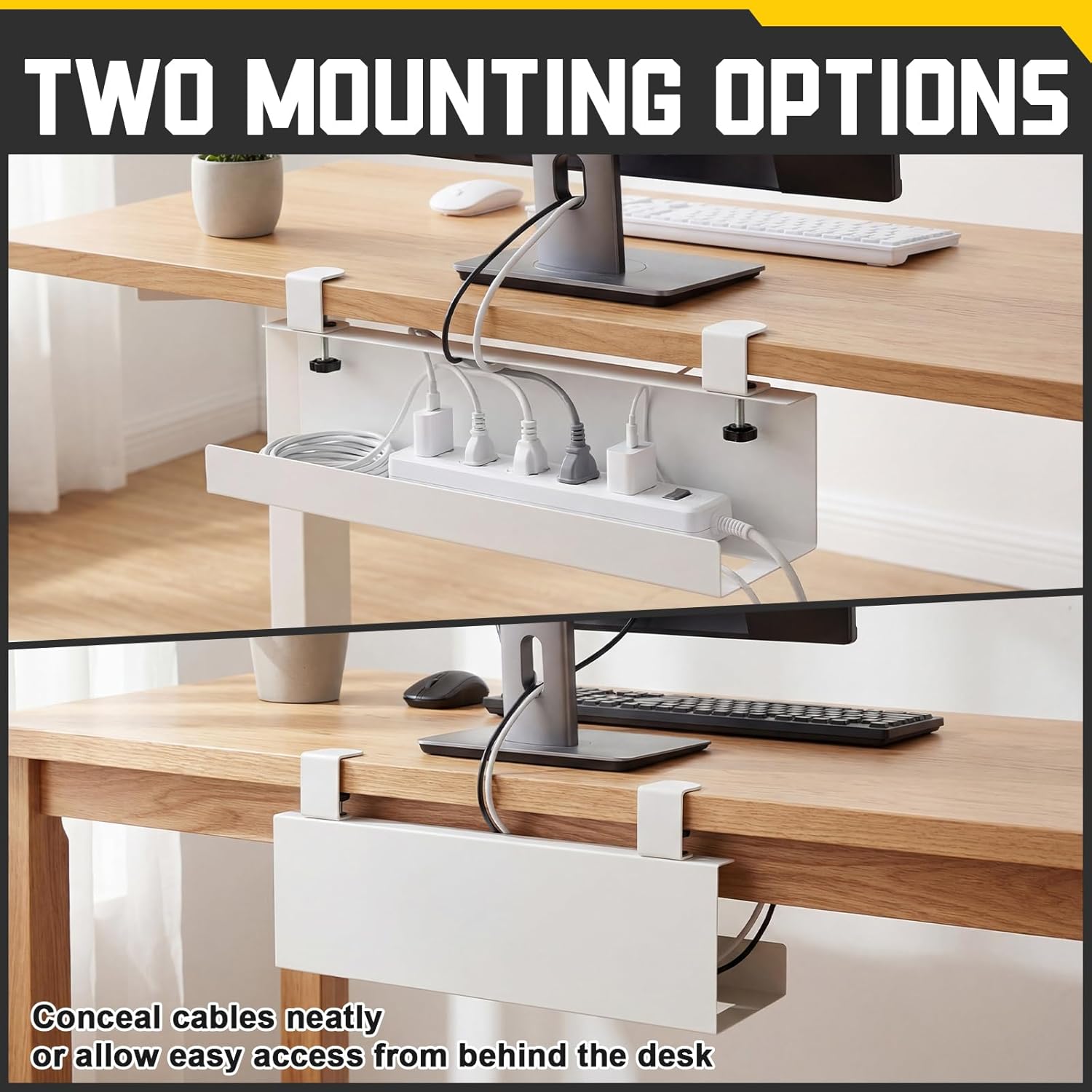 16×6×6 Inch No Drill Clamp-on Power Strip Cable Management Tray Under Standing Desk Steel Cable Organizer Wire Cord Tamer for Office, Home, Garage(White)