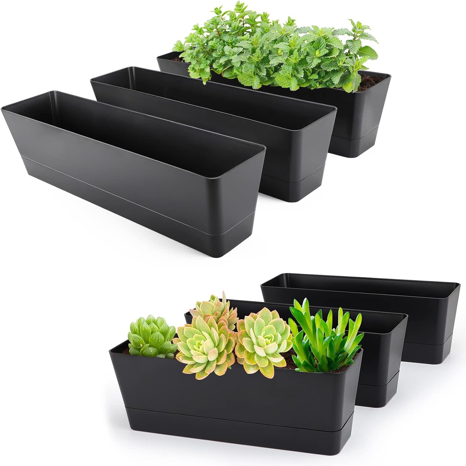 6 Pack Window Box Planter, Suream 12x3.8 Inch/16x3.8 Inch Indoor Succulent Pots with Tray, Plastic Black Rectangle, Cactus Containers for Office, Windowsill, Garden Balcony, Porch Outdoor Decoration