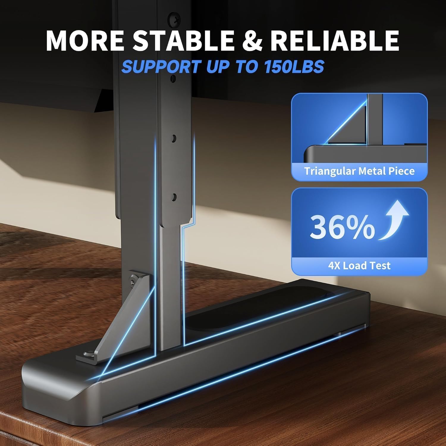 Close-up of the XINLEI TV stand's base showing triangular metal piece for enhanced stability and a 36% increase in load test performance.
