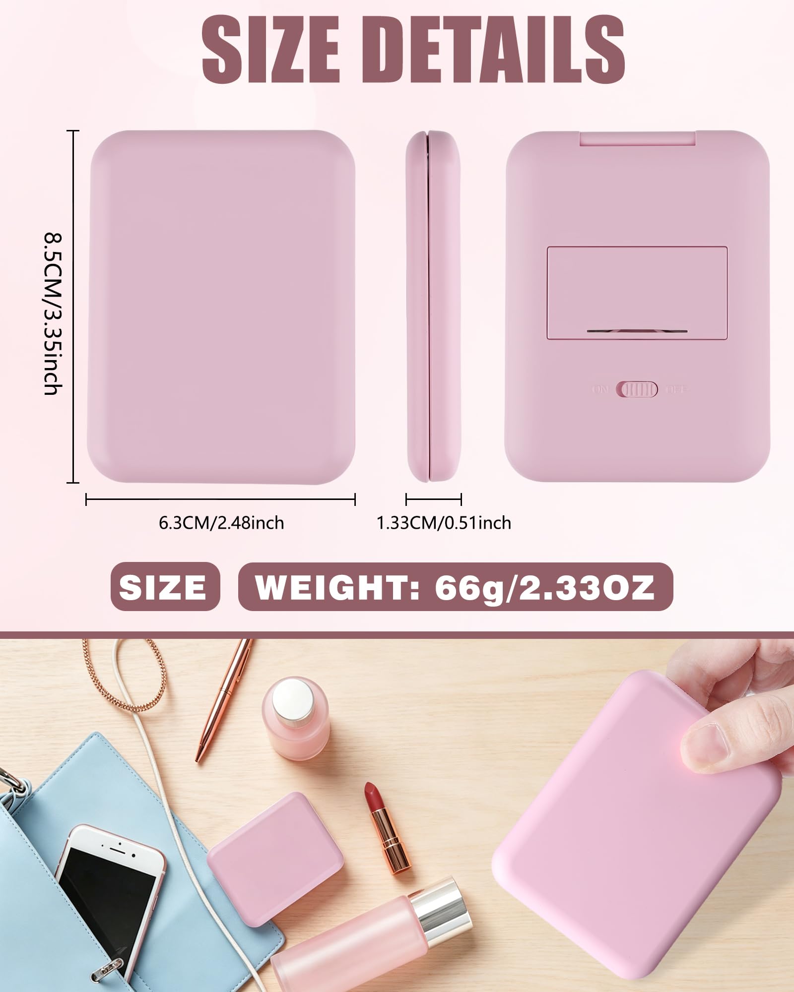Espejo Maquillaje con Luz LED Plegable Aumento 1x/2x Portátil Rosa