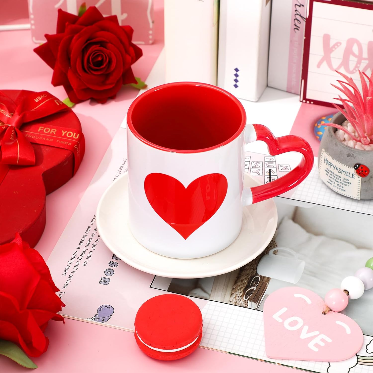 Whaline Valentine's Day Mug Ceramic Drinking Cup Red Love Heart Coffee Mug for Anniversary Wedding Engagement Supplies Table Centerpieces, 12oz - Image 4