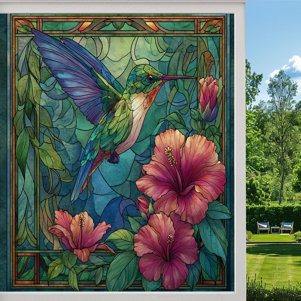 Natural Hummingbird Privacy Window Film, Colorful Hibiscus Flower Plants Frosted Self-Adhesive Vinyl Cling for Glass Doors Bathroom Windows Sun Blocking Heat Control,（70x120cm）