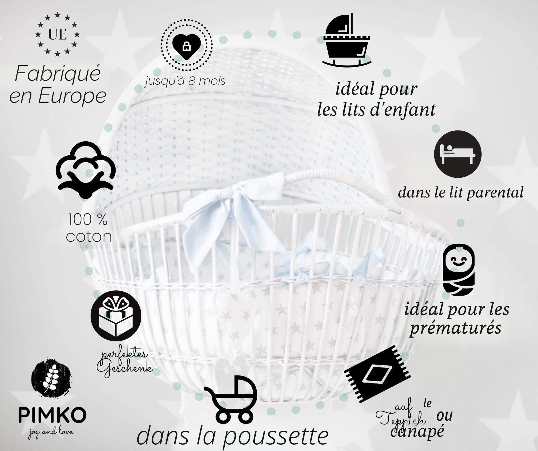 PIMKO Nid pour bébé avec Volants pour bébé réducteur Lit bébé 2 côtés 100% Coton Convient pour la Maison ou comme 55 x 90 cm