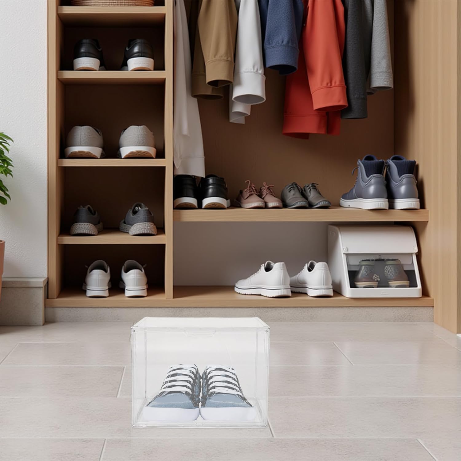 Shoe Box Organizer: Stackable Plastic Shoe Box with Clear Door - Boots Storage Container For Display Sneakers - Transparent