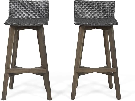 Christopher Knight Home La Brea Outdoor Acacia Wood & Wicker Barstools Set of 2, Gray