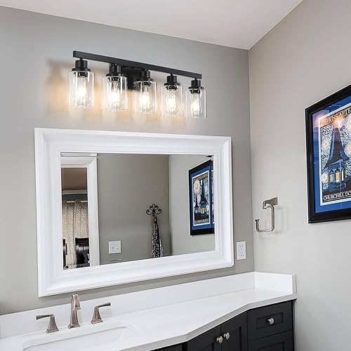 Miniatura 3 de Lámpara de tocador de baño negra de 5 luces, moderna lámpara de tocador para baño, lámpara mate de 31 pulgadas, apliques de pared con pantalla de