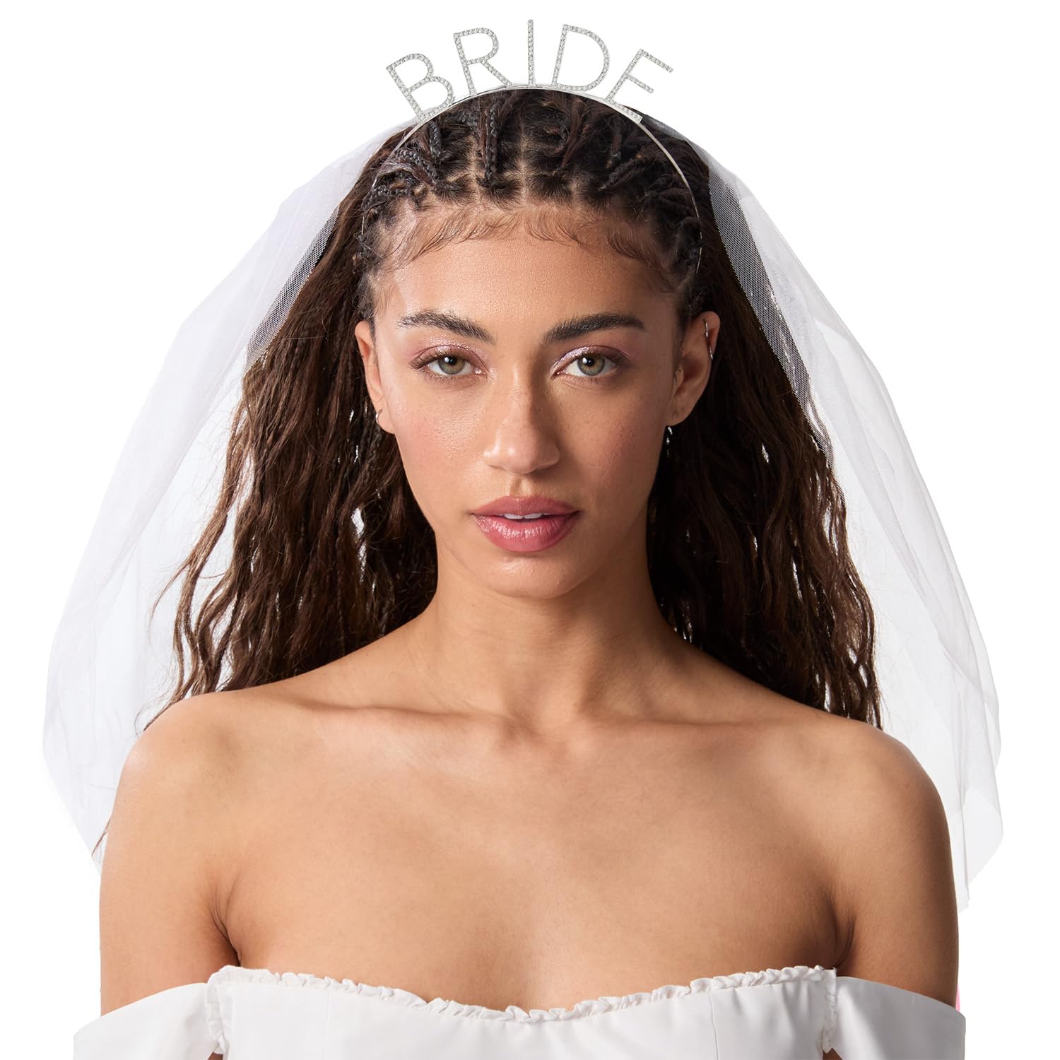 Bride Rhinestone Headband with Detachable Veil | Bachelorette Party Decorations, White Headpiece Bridal Shower Gift, Bridesmaid Favors, Engagement Accessory