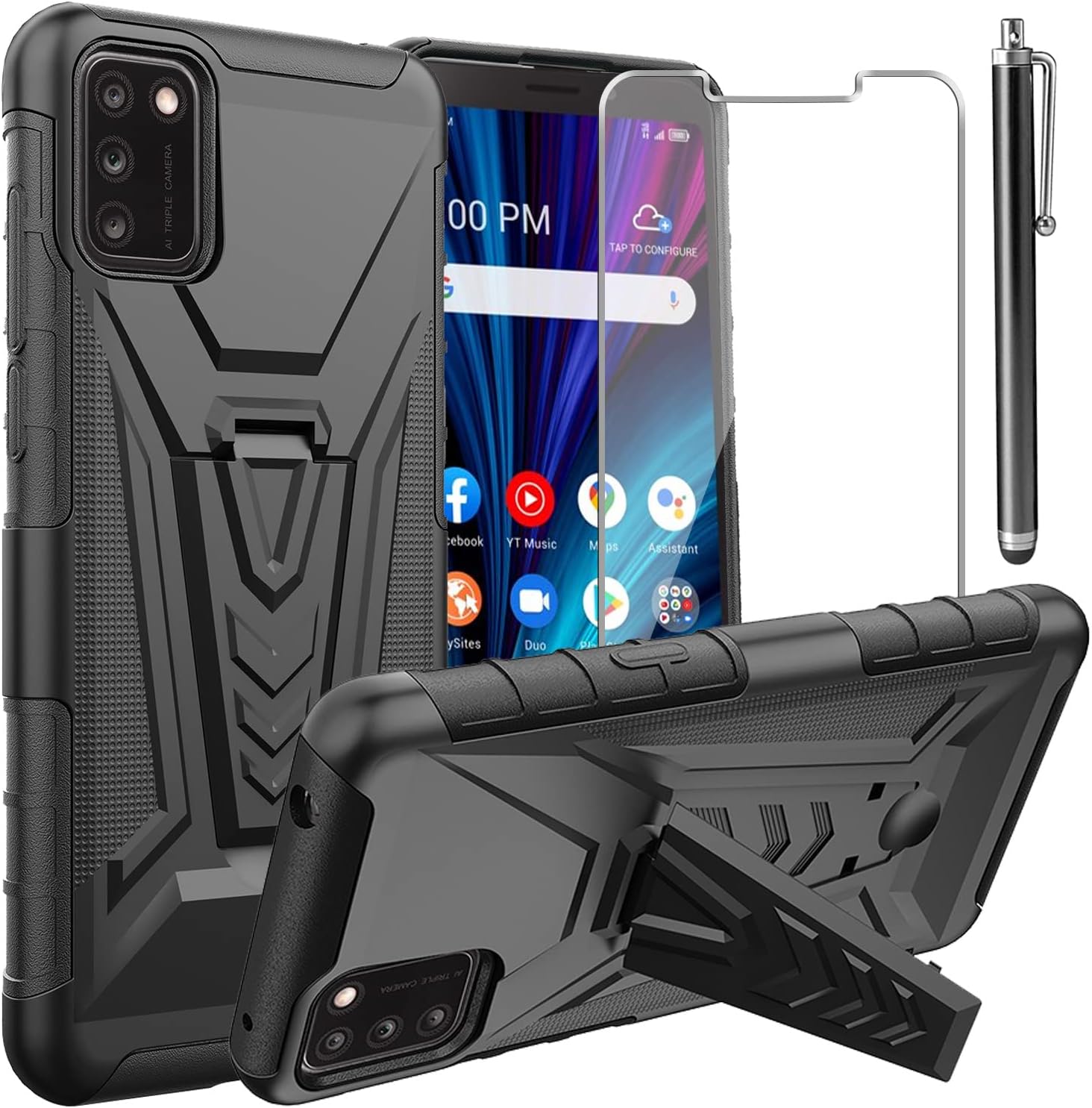 for Alcatel TCL A3X A600DL Case, with Tempered Glass Screen Protector Heavy Duty Protection Technology Built-in Kickstand Rugged Shockproof Protective Phone Case for Alcatel TCL A3X A600DL, (Black)