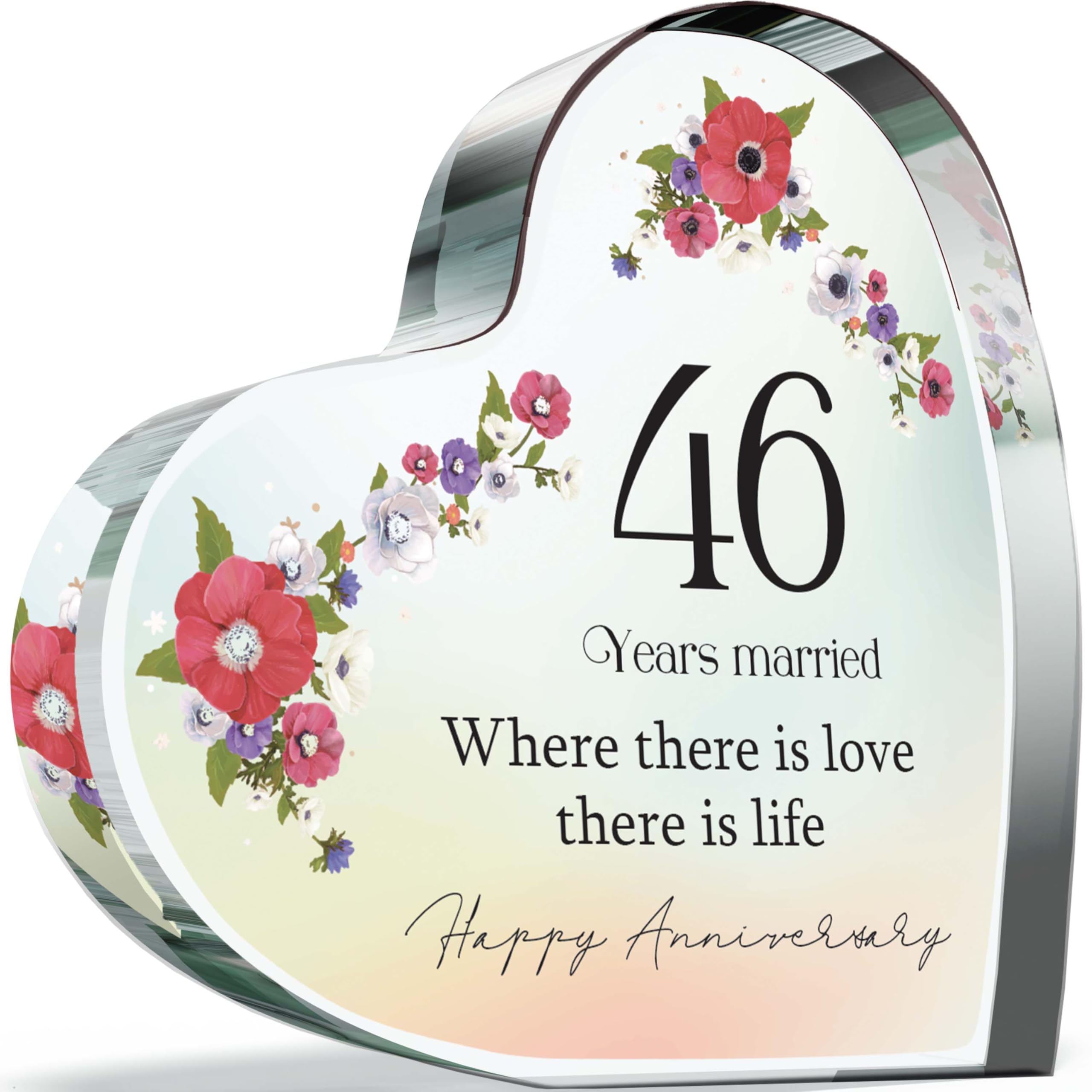 46th Anniversary Plaque Gifts for Wife Husband - 46 Years Married - I Love You Romantic Acrylic Heart Gift For Women Men, 100mm Elegant Floral Pastel Present For Couples Forty-Sixth Anniversaries