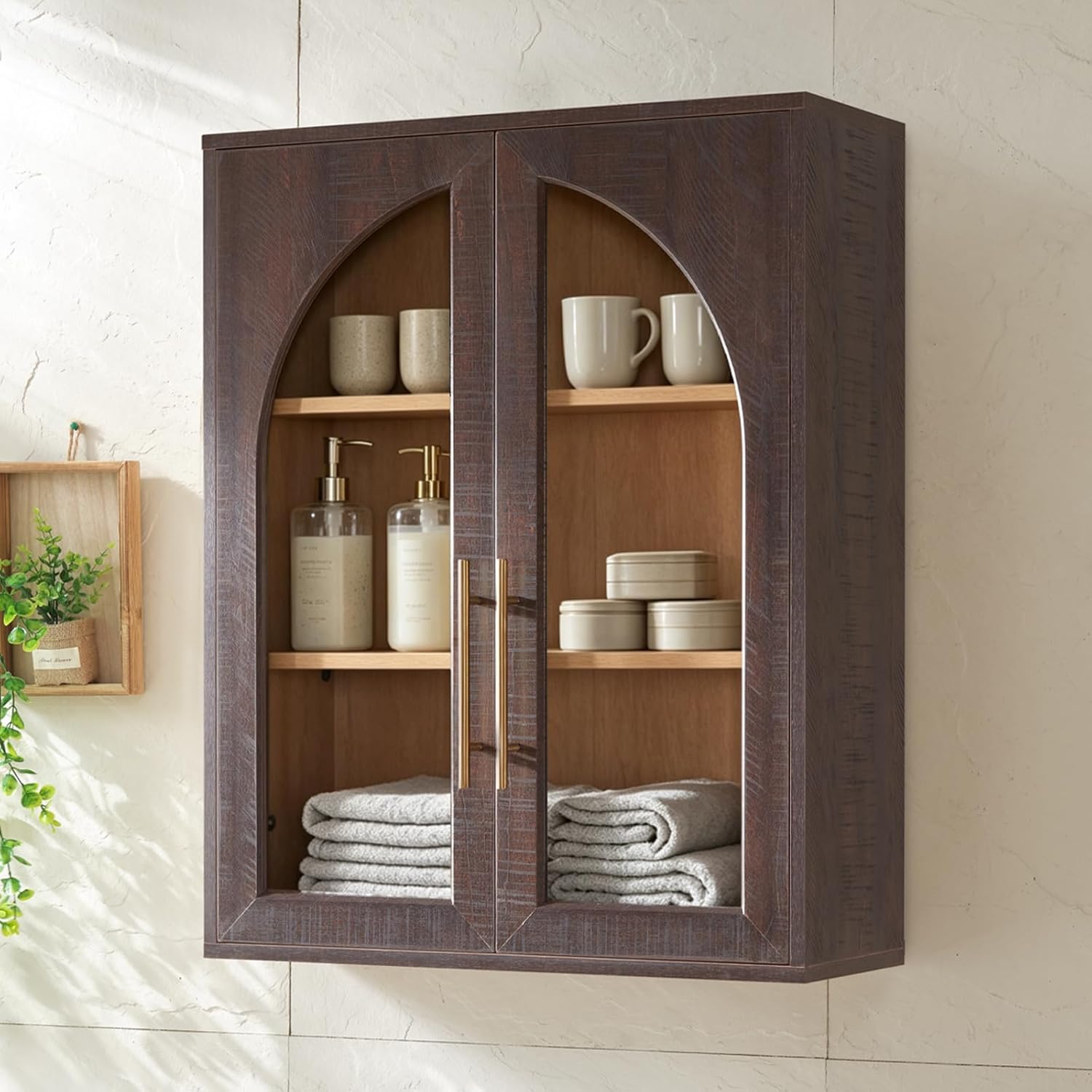 Bathroom Wall Cabinet,23.5'' Wide Medicine Cabinet, Bathroom Cabinet Wall Mount W/Glass Doors & Adjustable Shelves, Over The Toilet Storage Cabinet for Laundry Room, Bedroom,Kitchen,Brown,1 Piece