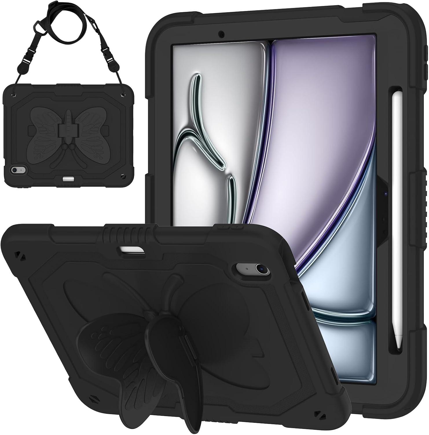 Case for iPad Air 11 inch M2 2024, Cute Butterfly Wings Shockproof Cartoon Silicone Kickstand Protection Cover with Strap for Apple iPad Air 6th Gen for Kids Boy Girl Women Gift (Black)