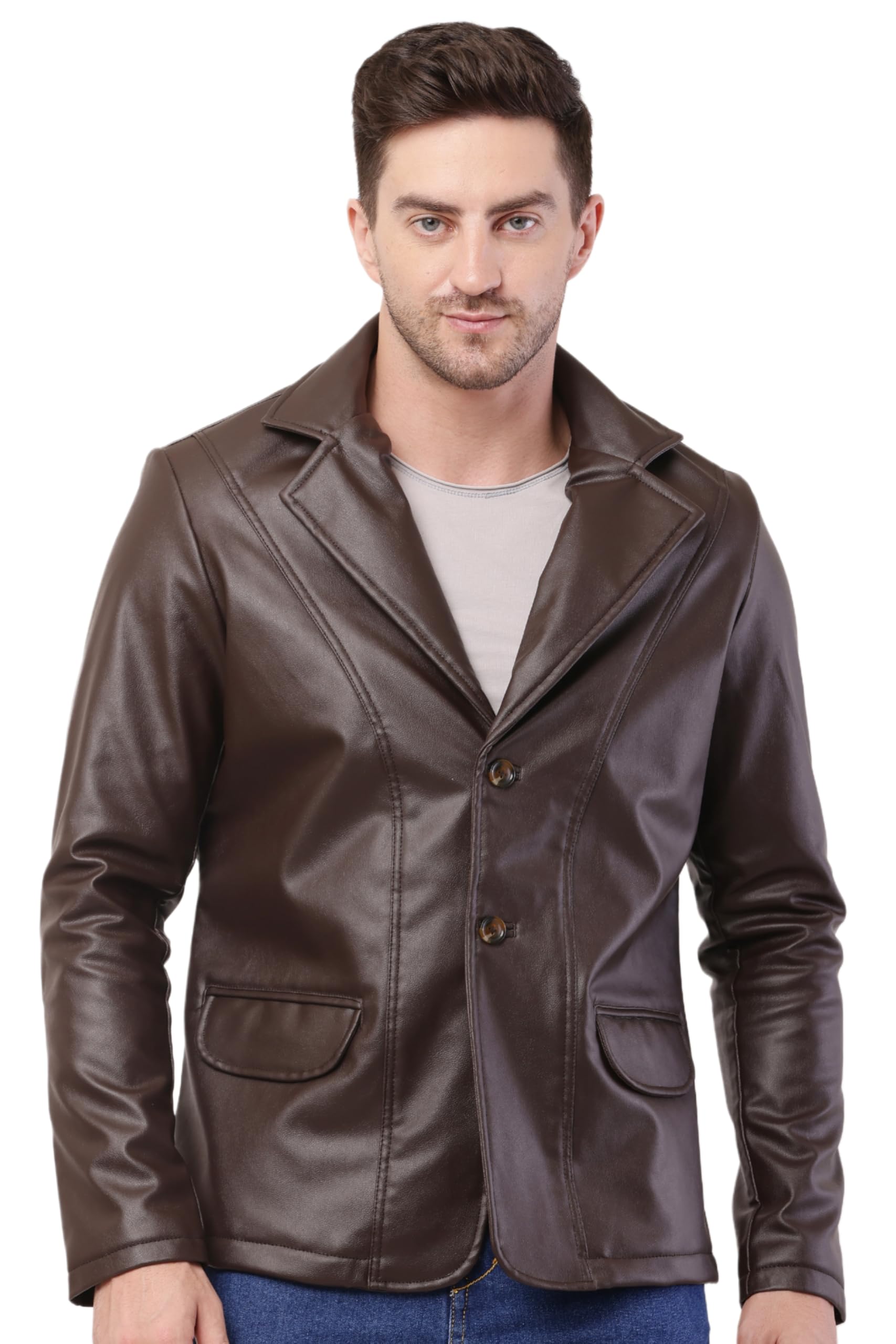 WOLVER Solid PU Leather Festive, Wedding, Party, Casual Men's Blazer-picture-45