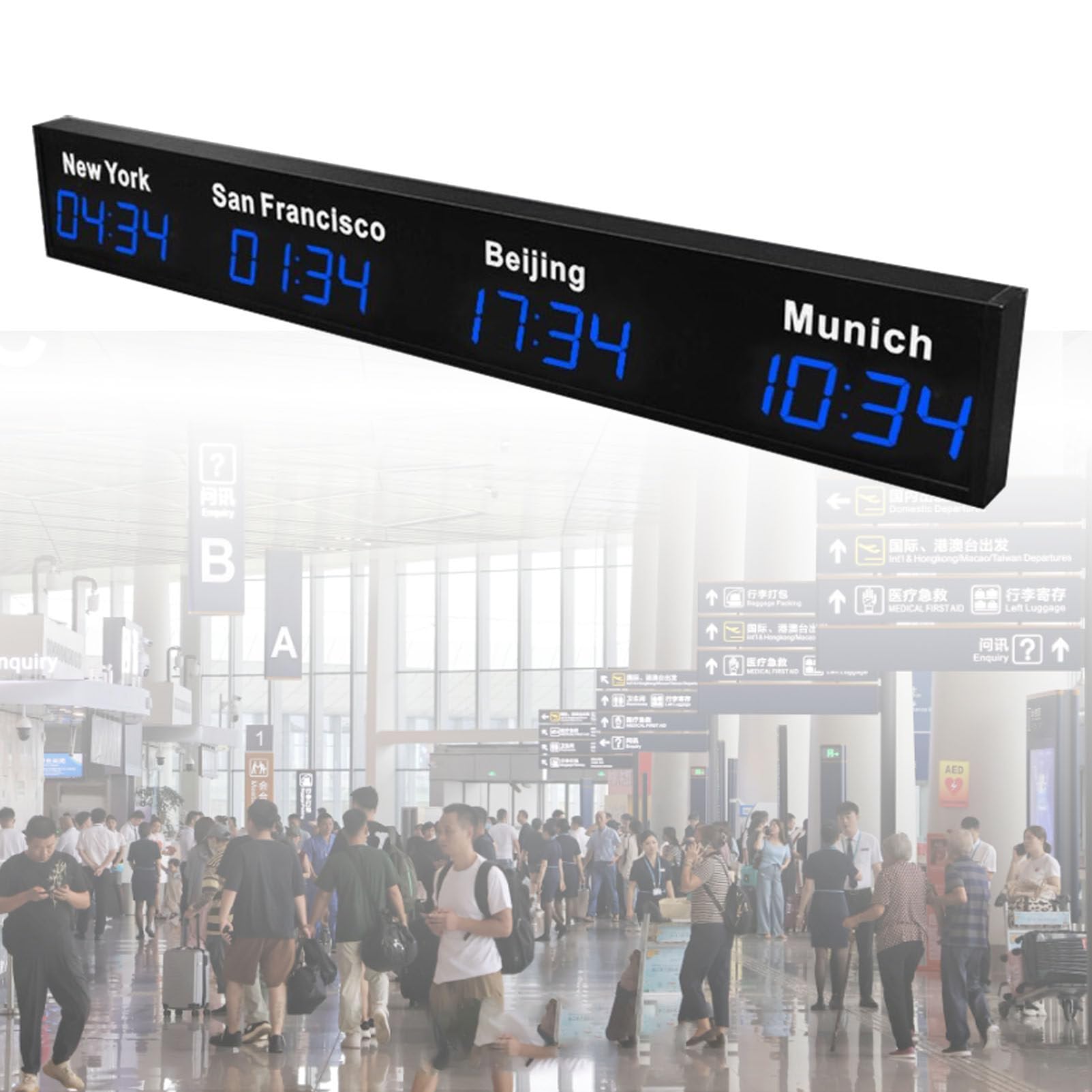 KUNYOS World Time Zones Clock, LED Digital Multiple 3/4/5 Cities Wall for Hotels/Enterprises/Airports/Multinational Enterprises Blue-3City (4city Blue)
