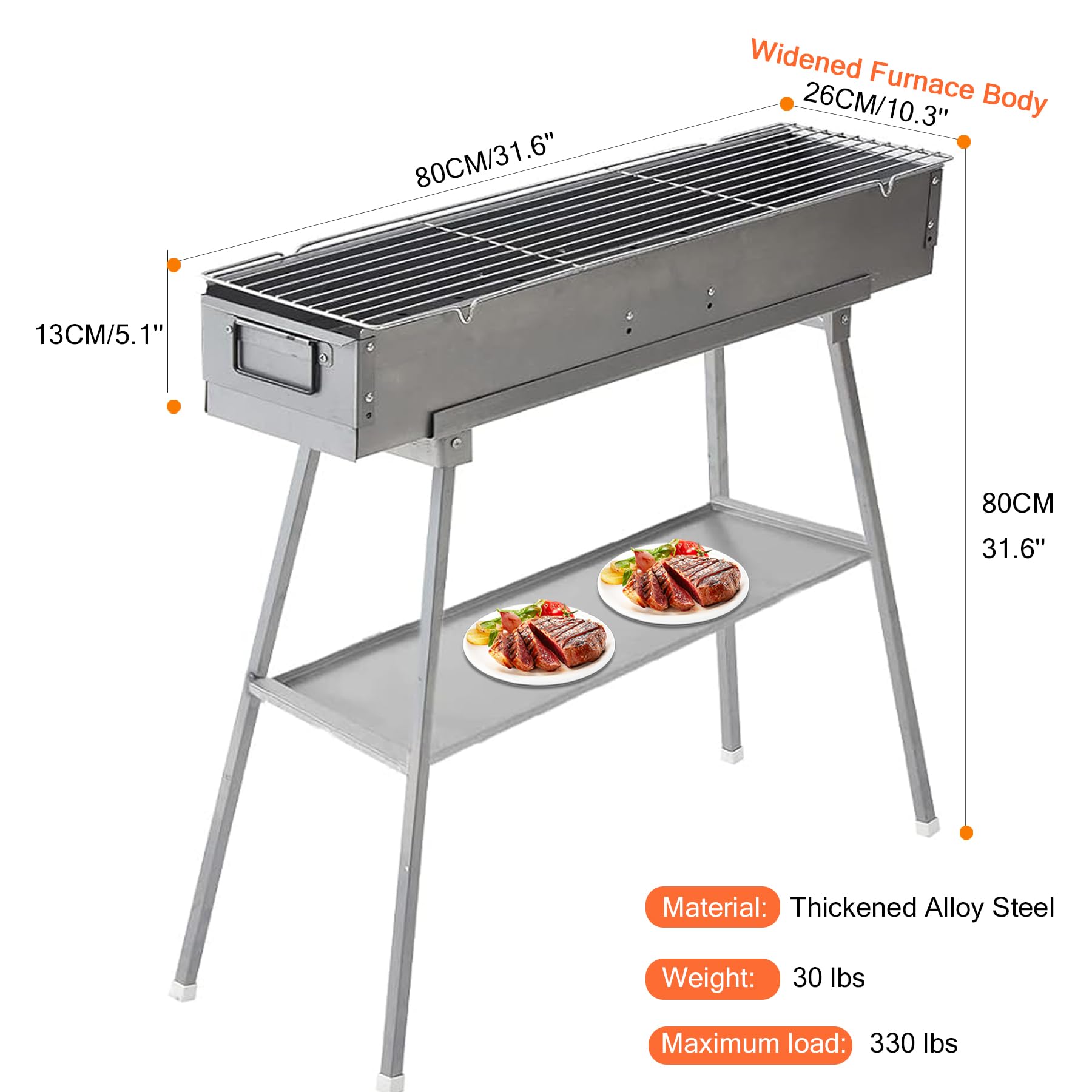 Gril à charbon de bois portable, 81,3 x 25,4 cm, planche de rangement avec pieds antidérapants, barbecue commercial, convient pour le camping, les fêtes, le jardin, l'extérieur, les voyages