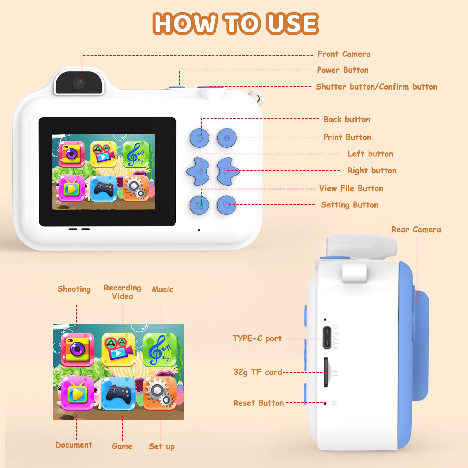 Cámara de Fotos Instantánea para Niños, Regalos Juguete para Niño niña de 4 5 6 7 8 9 10 11 12 Años, cámara de Fotos Infantil, 5 Rollos de Papel de Impresión, Pegatinas, Bolígrafos y Tarjeta de 32 GB