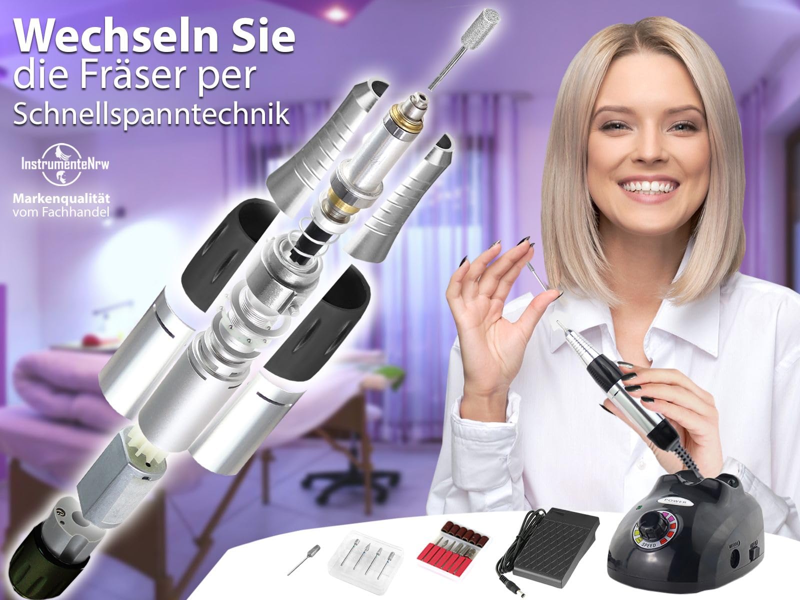 Elektrisches Maniküre-/ Pediküre Schleifgerät zur Hornhautentfernung | Profi Fußpflegegerät für zu Hause und unterwegs mit 30.000 U/min. 4 Spezial Profi Diamantschleifer für die Hand- & Fußpflege