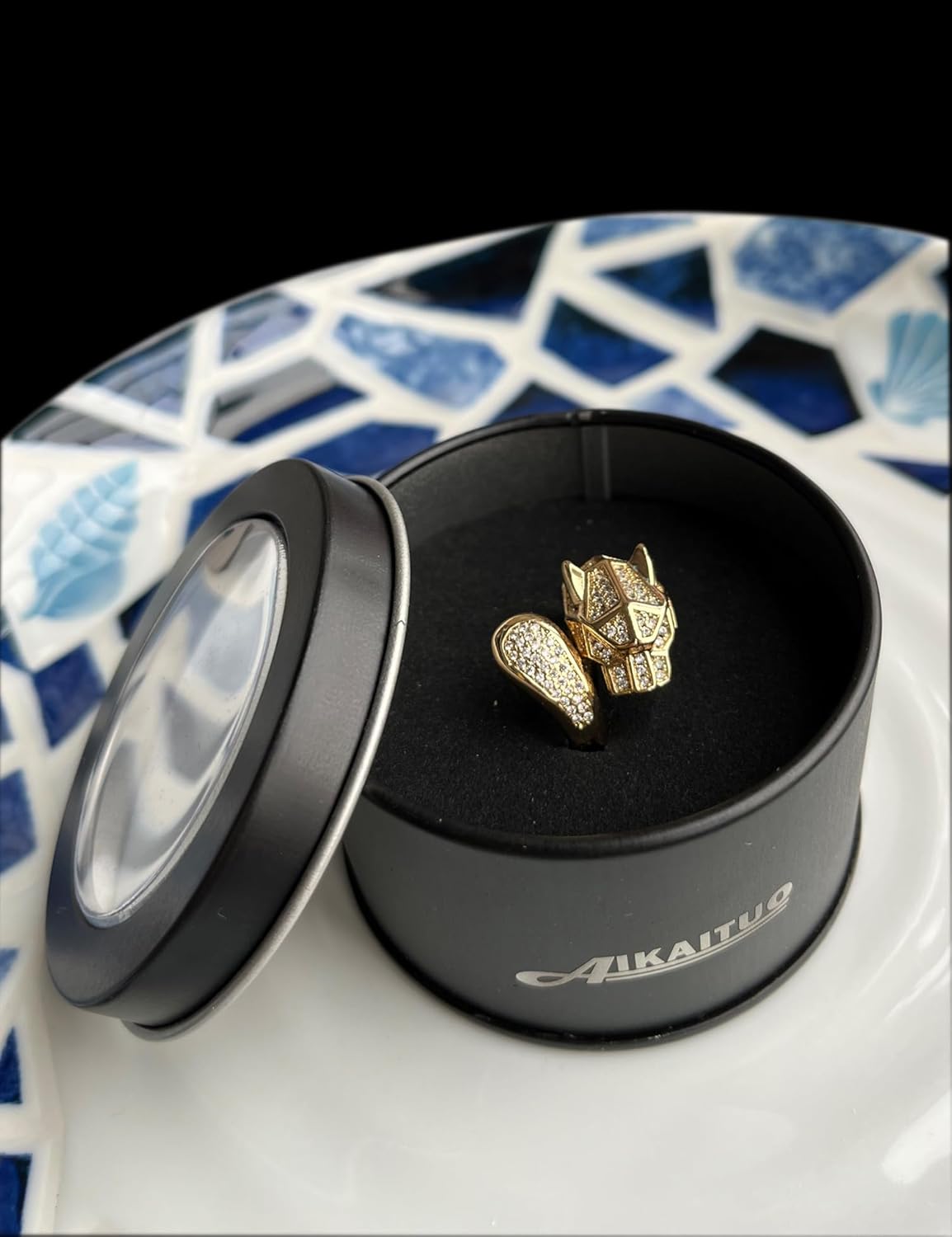 14K Gold Transparent Crystal Rhinestone Cheetah Leopard Head Ring Adjustable Statement-ring for Women - Image 6