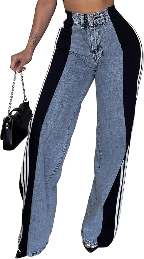 Angsuttc Womens Jeans with Patchwork Stripes High Waisted Stretchy Denim Color Block