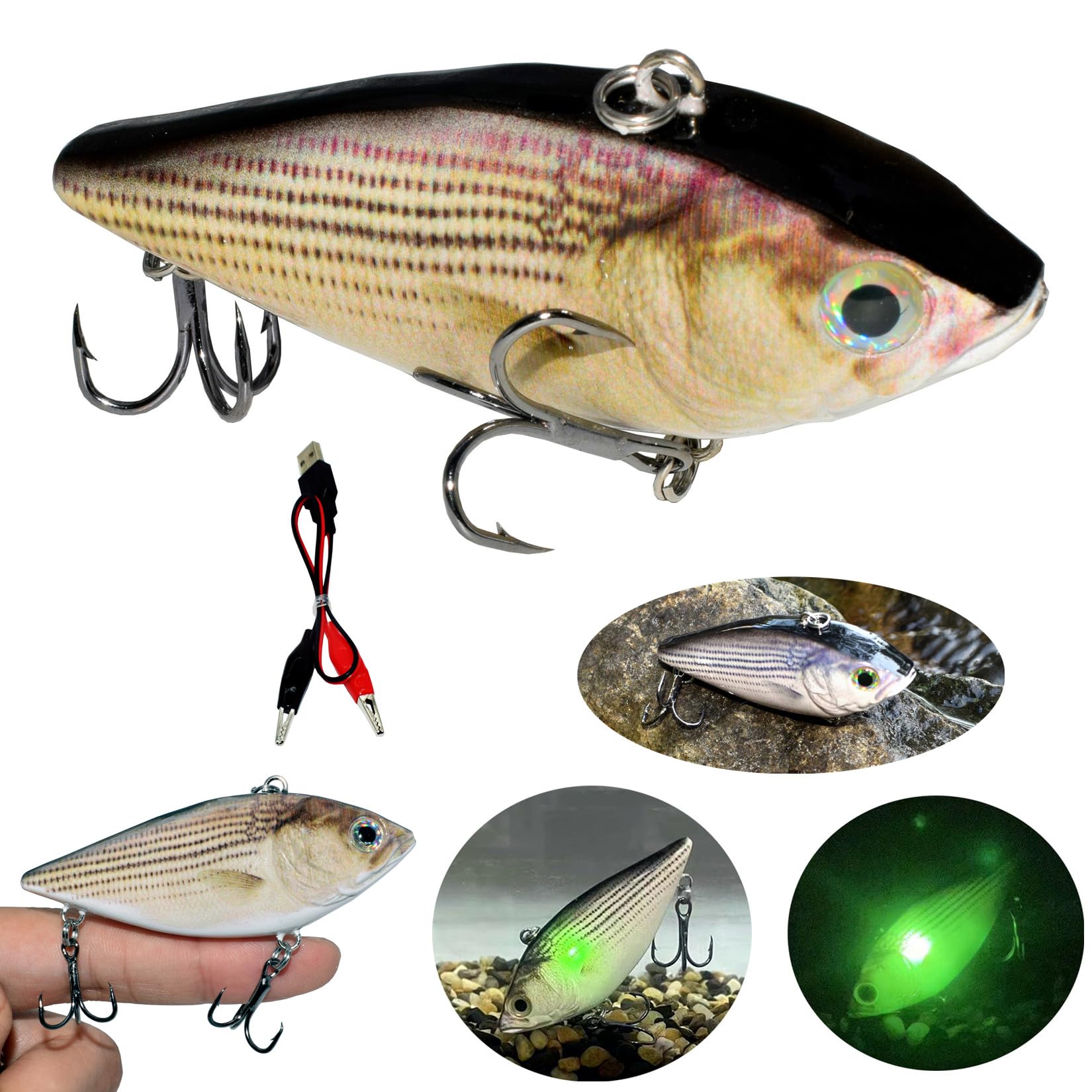 Abziyat Fishing Lure Bait Swimbait Vibration Electric Minow USB Charge Wobblers Flashing LED Light 3.1inch Vivid Fish