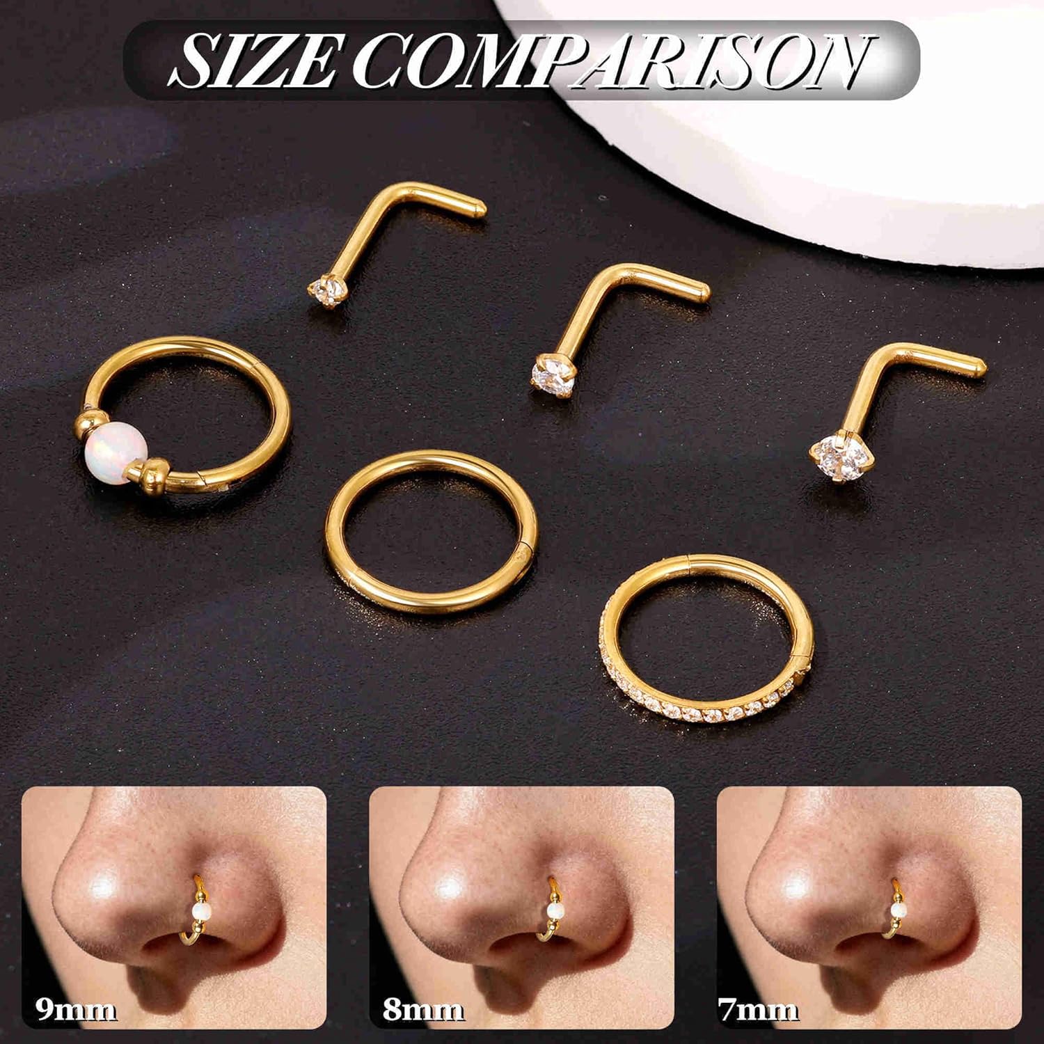 6PCS 18G 20G Surgical Steel Nose Ring for Women Men Clicker Hoop Nose Rings CZ L Shaped Nose Stud Hinged Septum Nose Hoop Cartilage Conch Rook Ring Lip Tragus Piercing Jewelry 7-9MM - Image 2