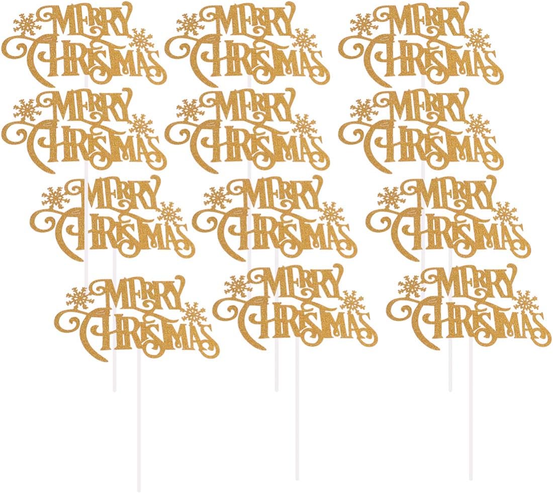 12pcs Christmas Cupcake Topper Merry Christmas Cake Picks Xmas Cake Decoration Party Supplies, Golden, Size 1