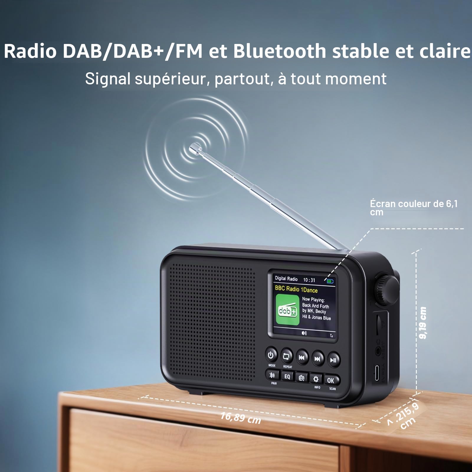 ROCAM Radio Portable Dab/Dab+/FM avec Bluetooth 5.0 & 3000mAh Batterie | 2,4" Écran Couleur Réveil Radio Rechargeable avec Deux Alarmes, 40 Dab/FM Stations Préréglées,12 Langues,TF Carte Emplacement