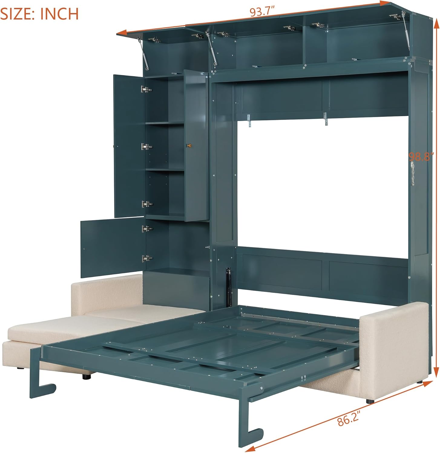 Dimensional view of the Quarte Queen Size Murphy Bed with L-shaped sofa, showing the bed frame extended and storage compartments open.
