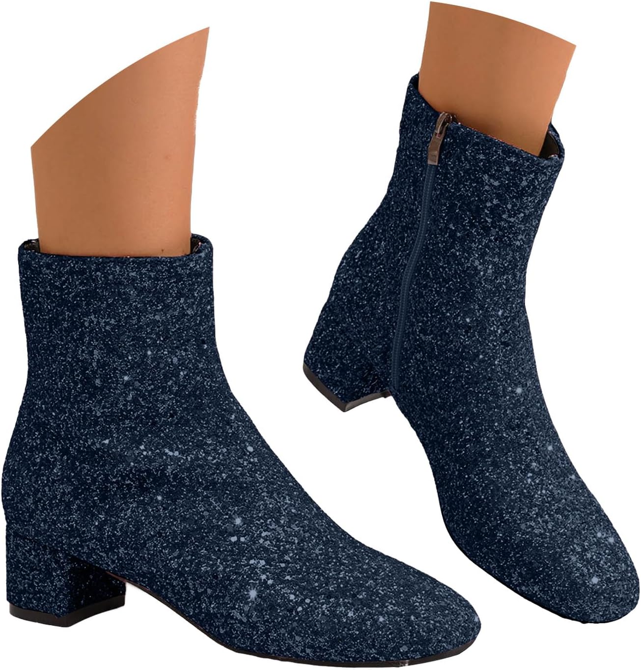 Women's Sequin Glitter Ankle Boots Chunky Heels Sparkly Booties Block Heeled Short Boots for Women Wedding Bridal Party Prom Dress Shoes Low Heel Round Toe Shiny Boot with Side Zipper
