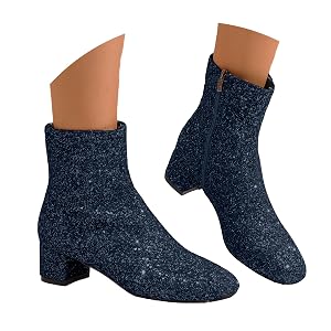Womens Sequin Glitter Ankle Boots Chunky Heels Sparkly Booties Block Heeled Short Boots for Women Wedding Bridal Party