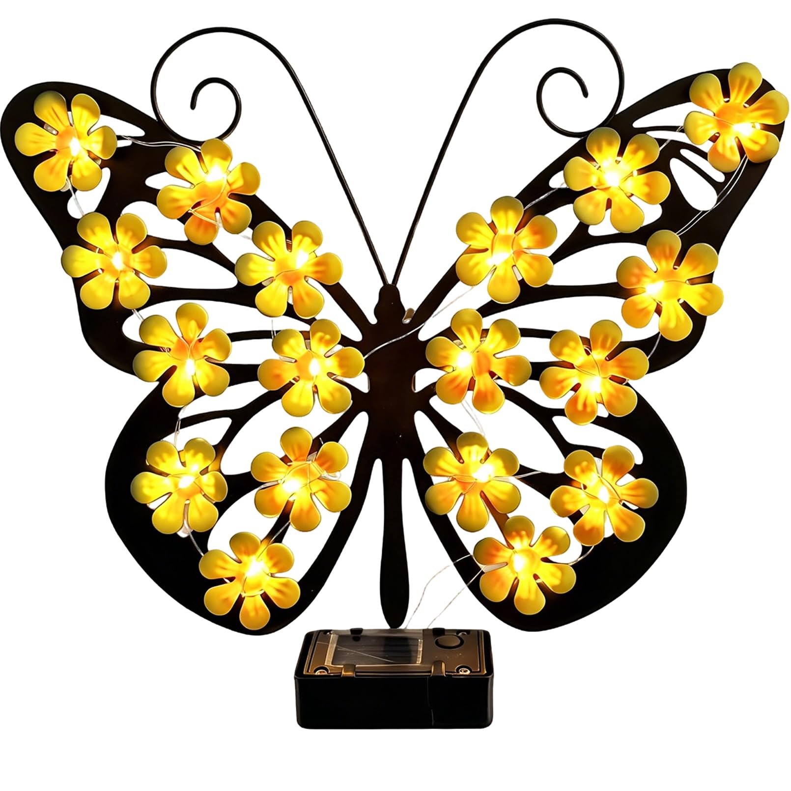 Bpoeee Solar Butterfly Garden Wall Ornament with Light, Outdoor Metal Decorative Wall Art for Patio Fence Balcony Garden Gift (Yellow)