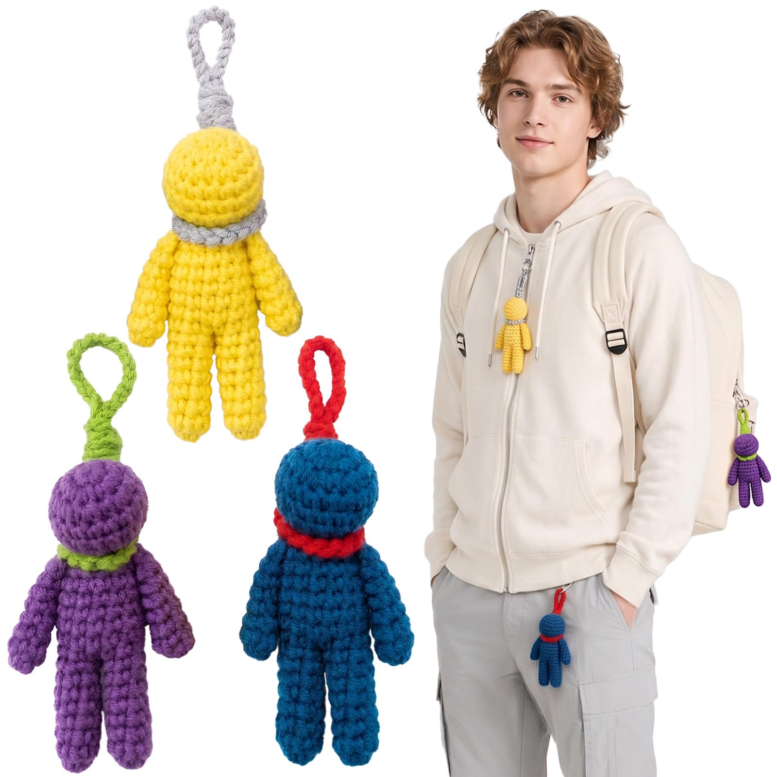 XdealCozyxc 3PCS Funny Crochet Keychain, Cute Handwoven Ornament, Uplifting Decor for Bag Purse Car and Desk, Great Thoughtful Positivity Gift