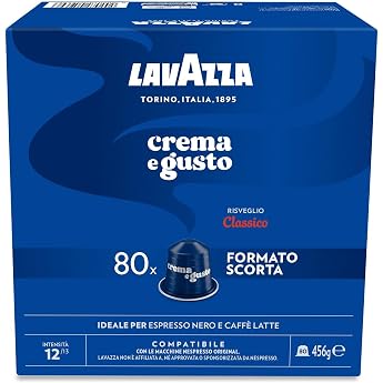 Lavazza Crema e Gusto Classico 80 Aluminium Capsules Compatible with Nespresso* Original Machines Notes of Spices Chocolate and Wood Arabica & Robusta Intensity 12/13 Medium Roast