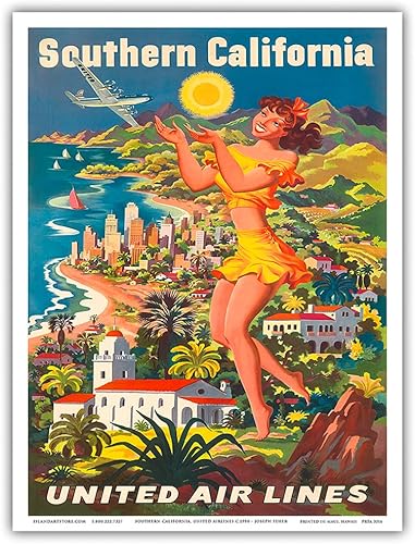 Southern California - United Air Lines - Póster vintage de viaje de aerolínea por Joseph Fehér c.1950 - Impresión artística maestra de 9 x 12
