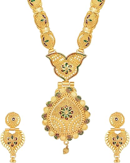 Shining Diva Fashion Latest Long Design Necklace Set For Women Traditional One Gram Gold Plated Jewellery Set for Women (Golden) (11503s)