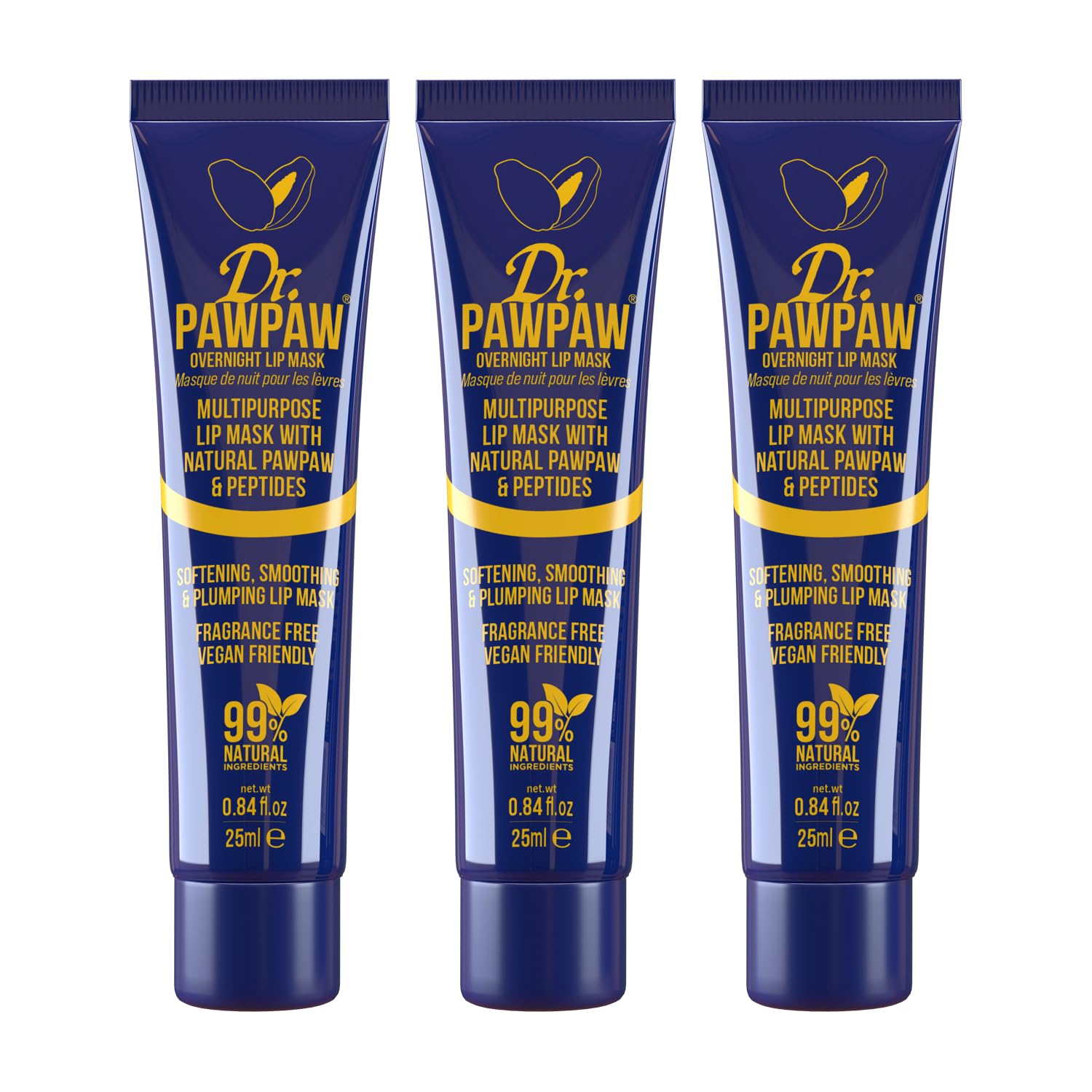 Dr.PAWPAW Overnight Lip Mask - Multi-Purpose Balm, Natural Pawpaw & Peptides Smooth Skin, Cracked Lips, Vegan, Ethical Beauty & Fregrance Free (3 x 25 ml)